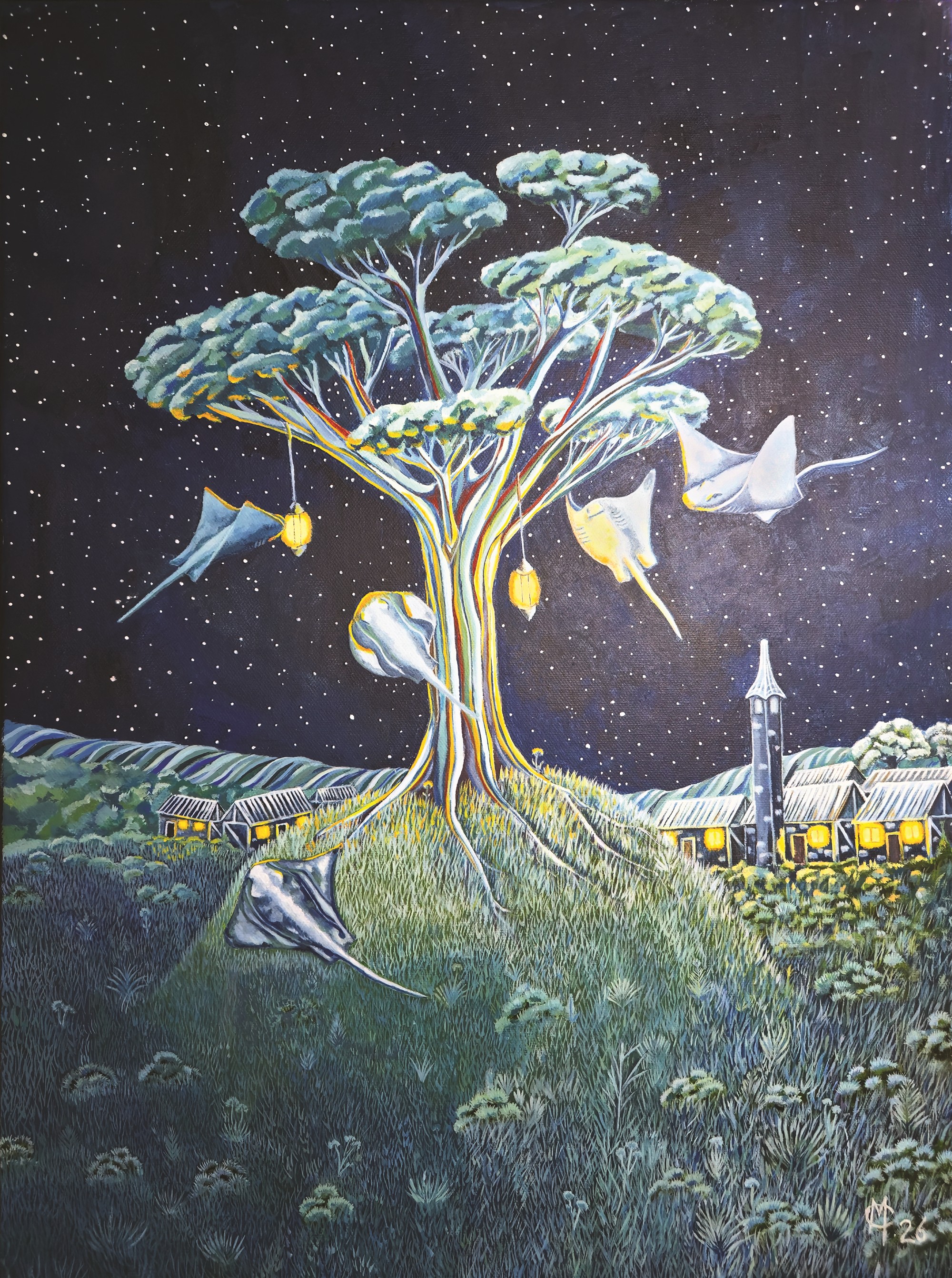 Detail of luminous tree branches and rays in Guardians of the Radiant Tree